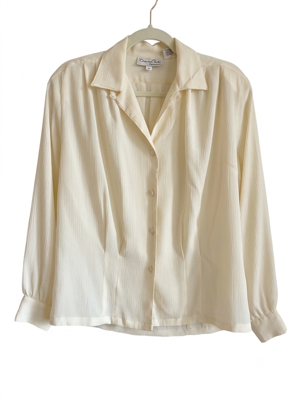 Oscar de la Renta Expressions Vintage Cream Plissé Button Up Blouse Size 12